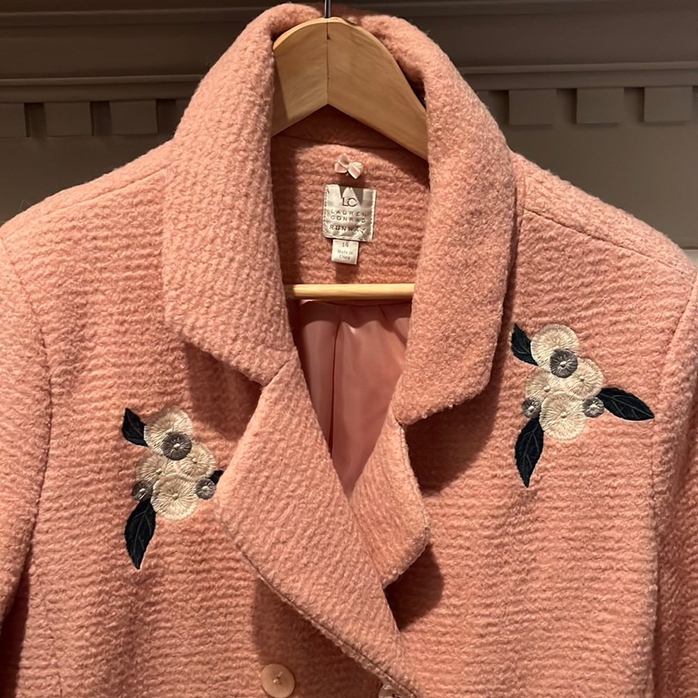 Lauren Conrad Runway size 14, knee length coat, fully lined, embroidered flowers